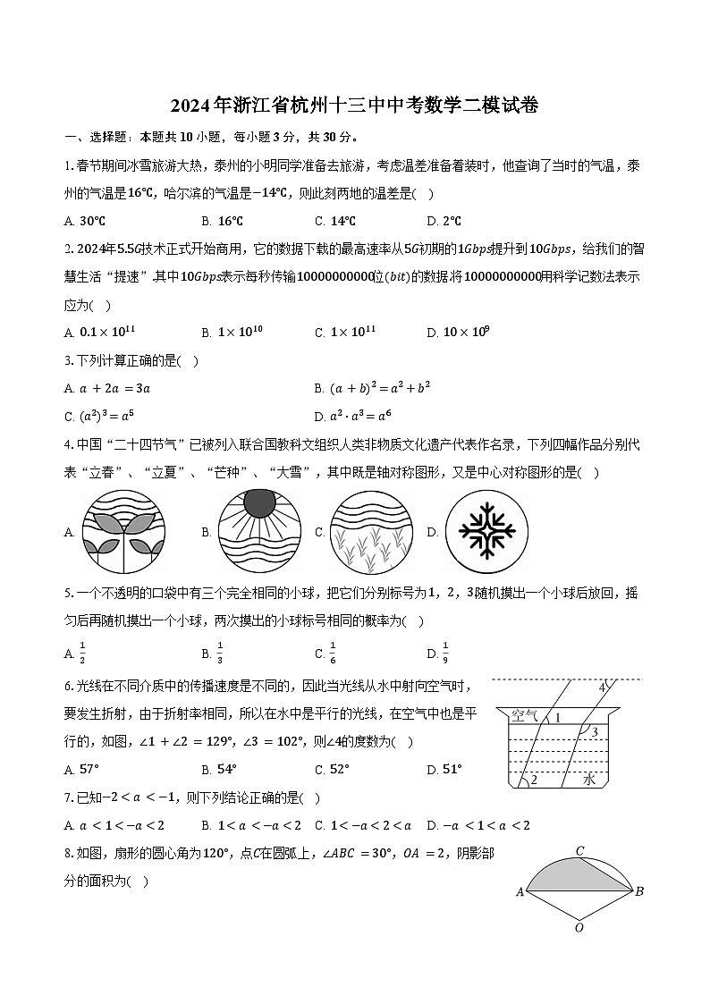 2024年浙江省杭州十三中中考数学二模试卷（含答案）01