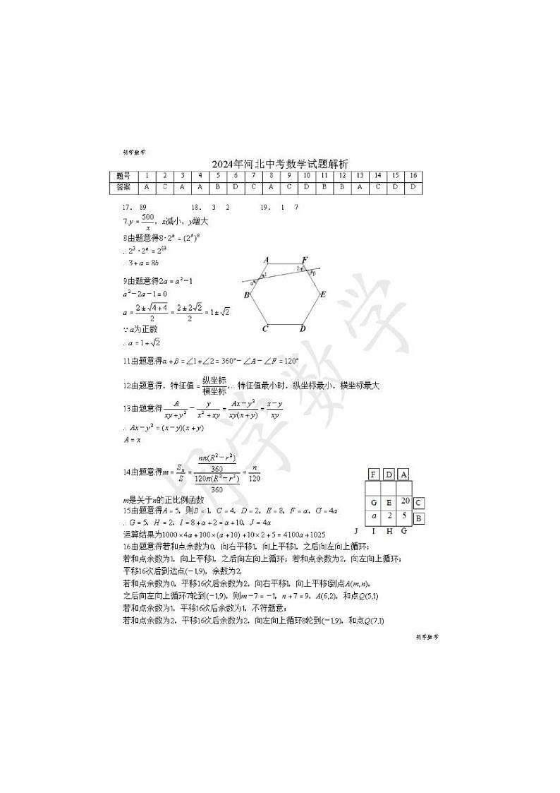 2024河北中考数学试题+答案01
