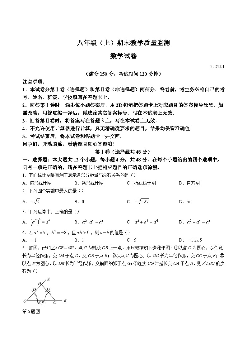四川省眉山市仁寿县2023-2024学年八年级上学期期末质量监测数学试卷(含答案)第1页