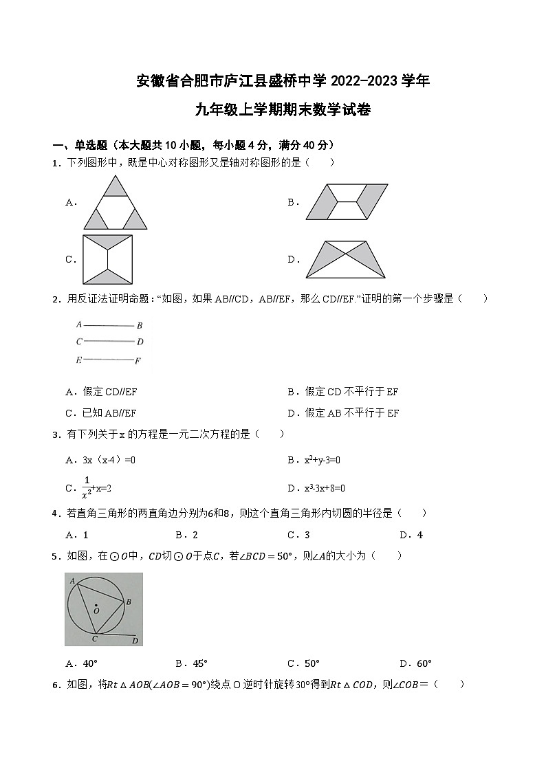 安徽省合肥市庐江县盛桥中学2022-2023学年九年级上学期期末数学试卷01