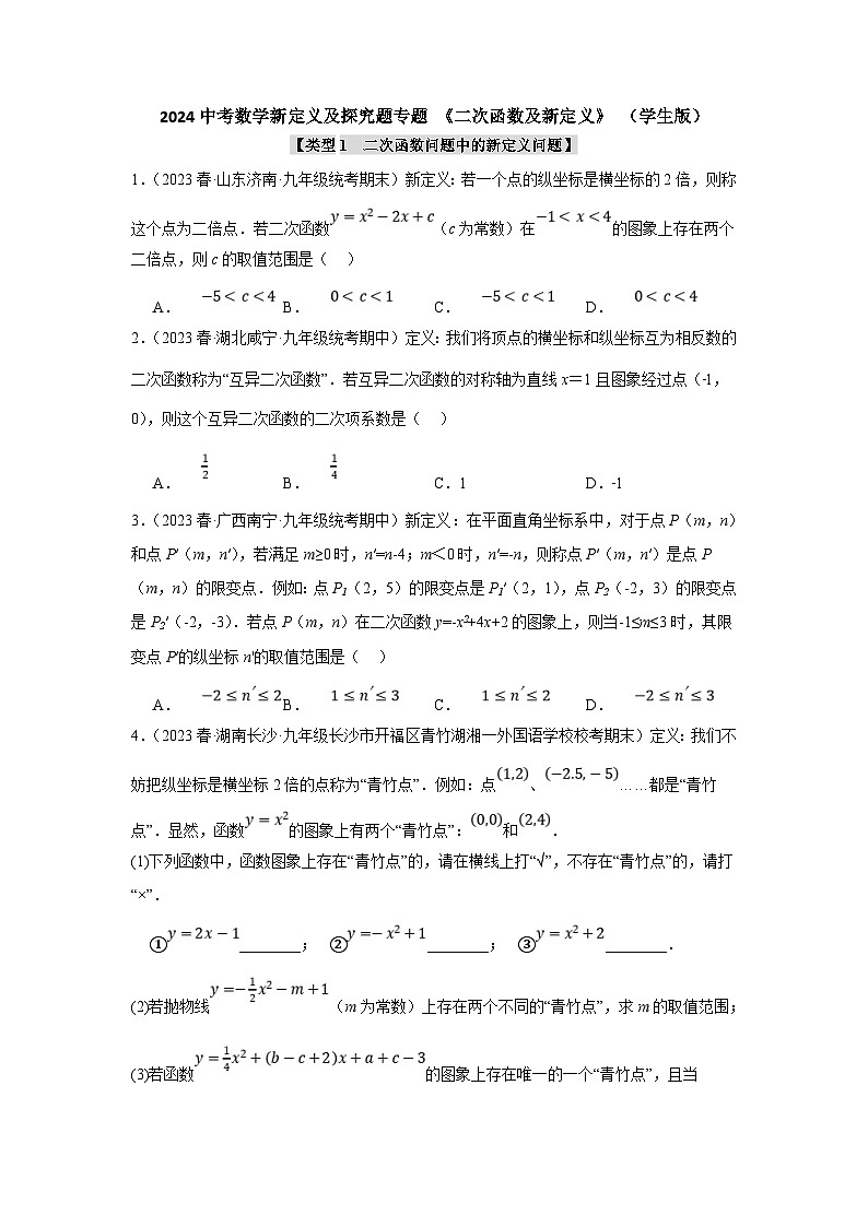 2024中考数学新定义及探究题专题 《二次函数及新定义》 （含解析）01