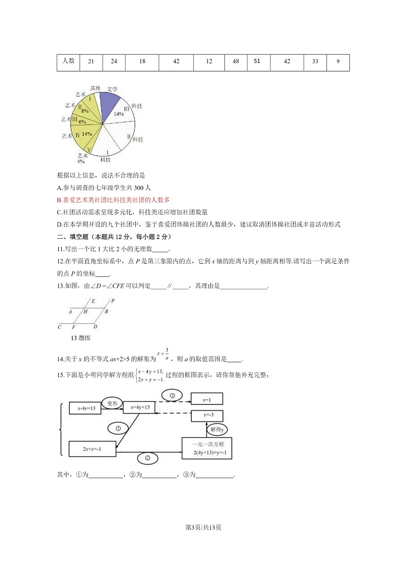 [数学][期末]2024北京怀柔初一下学期期末数学试卷及答案第3页