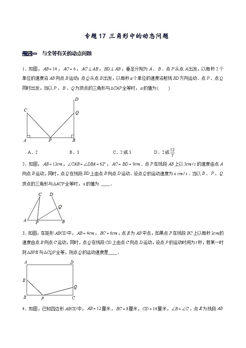 北师大版七年级数学下册常考题专练专题17三角形中的动态问题(原卷版+解析)第1页