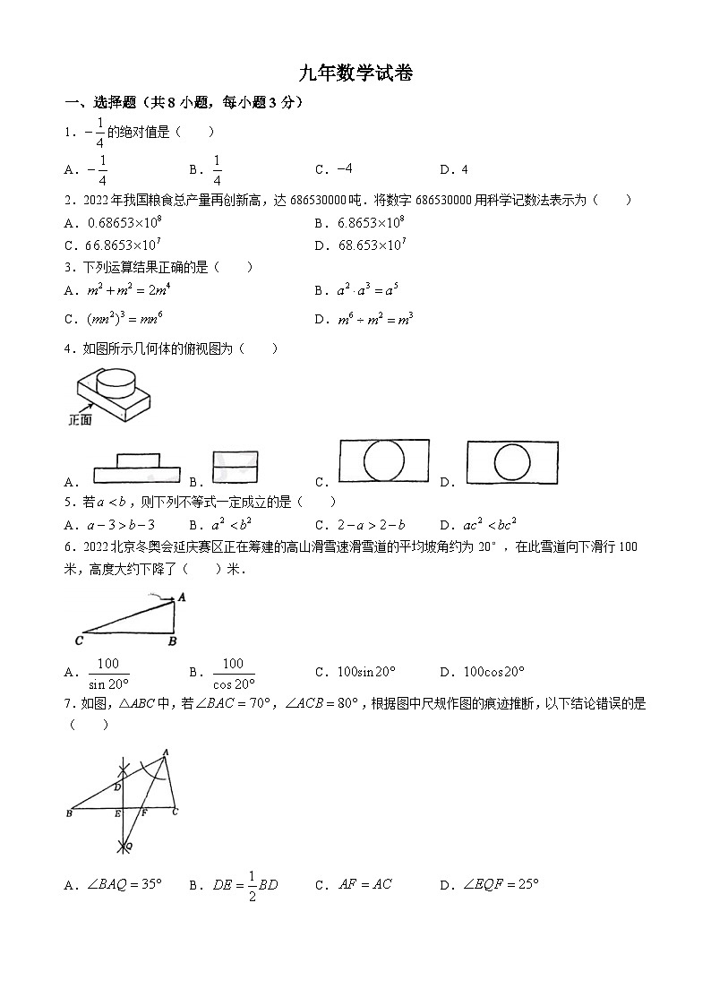 2024年吉林省长春市第八十七中学九年级中考数学模拟试题(无答案)01