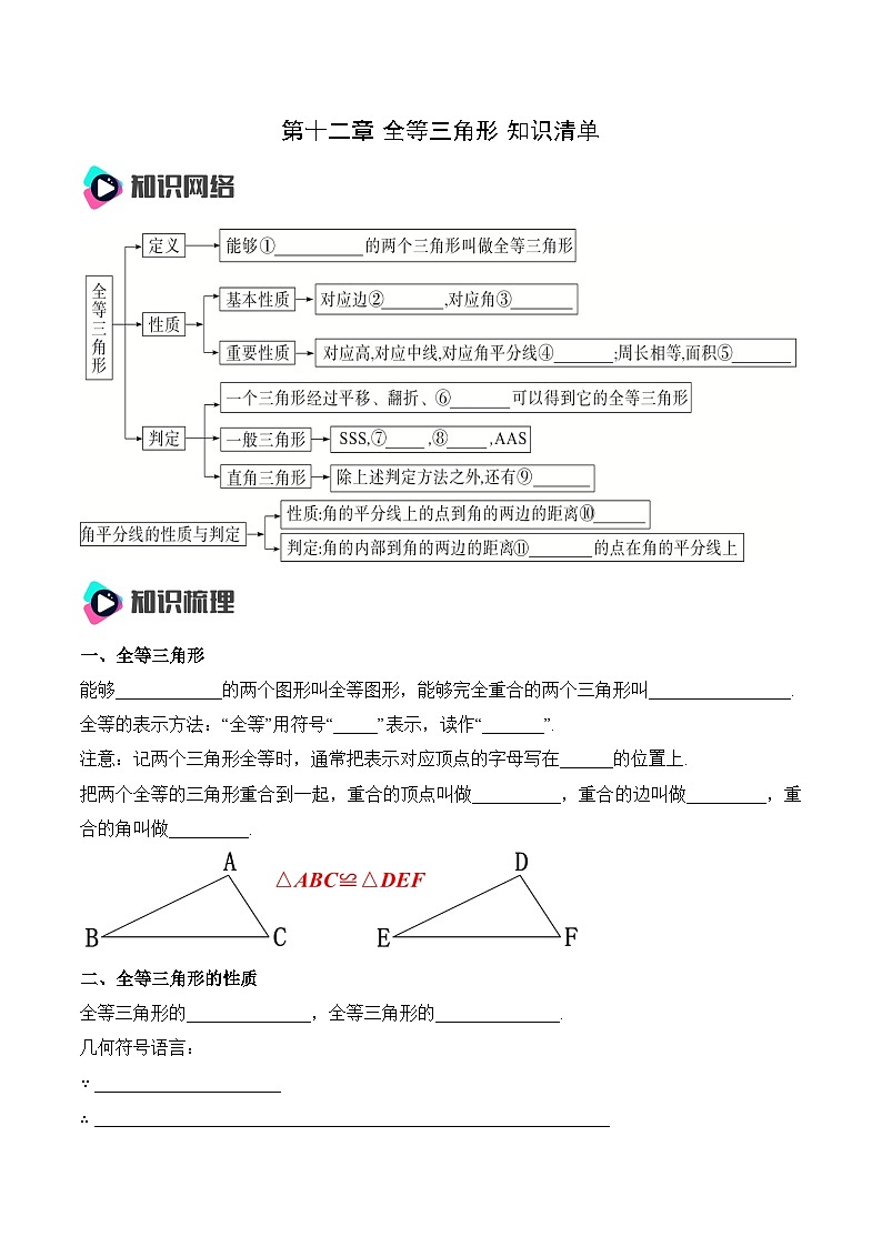 人教版八年级数学上册 第十二章 全等三角形（知识清单）(原卷版+解析版)01