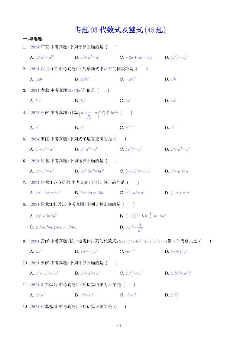 代数式及整式--2024年中考数学真题分类汇编01