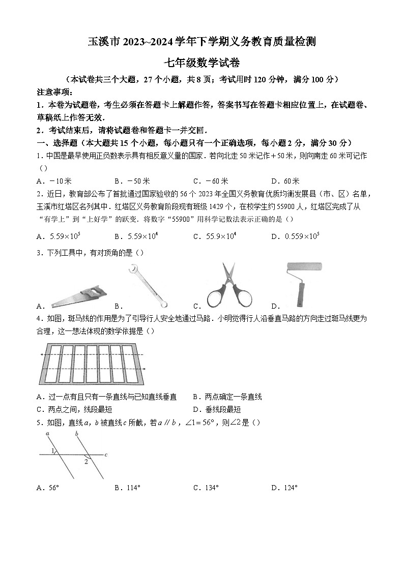 云南省玉溪市峨山彝族自治县2023-2024学年七年级下学期7月期末数学试题01