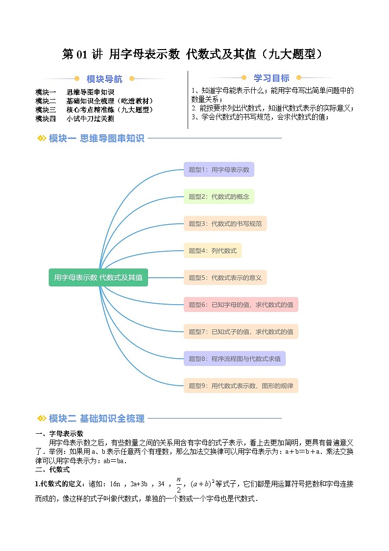 2024年沪教版七年级数学暑期提升精讲 第01讲 用字母表示数 代数式及其值（九大题型）(知识点+练习)01