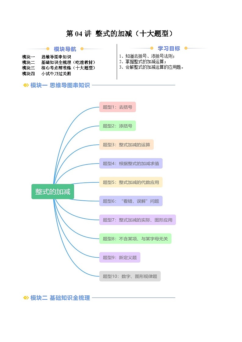 2024年沪教版七年级数学暑期提升精讲 第04讲 整式的加减（十大题型）(知识点+练习)01