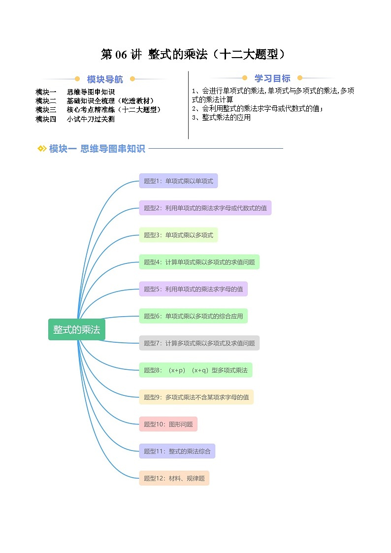 2024年沪教版七年级数学暑期提升精讲 第06讲 整式的乘法（十二大题型）（原卷版）第1页
