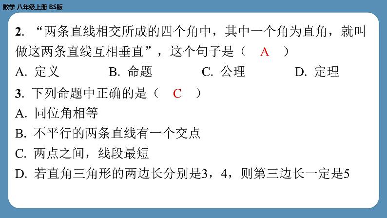 2024-2025学年度北师版八上数学7.2定义与命题（第一课时）【课外培优课件】第3页