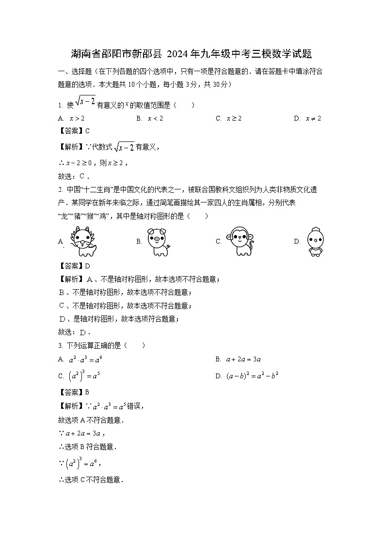 [数学]湖南省邵阳市新邵县2024年九年级中考三模试题(解析版)第1页