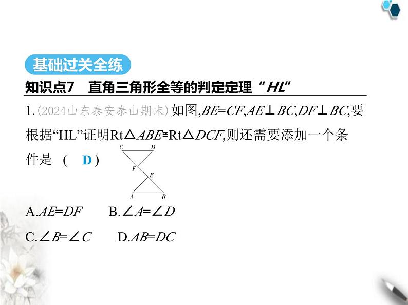 青岛版初中八年级数学上册5-6几何证明举例第4课时直角三角形全等的判定课件第2页