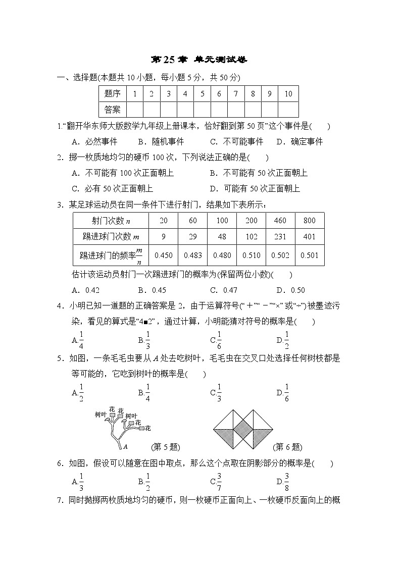 第25章 随机事件的概率 单元测试卷（试卷）--2024-2025学年华东师大版九年级数学上册01
