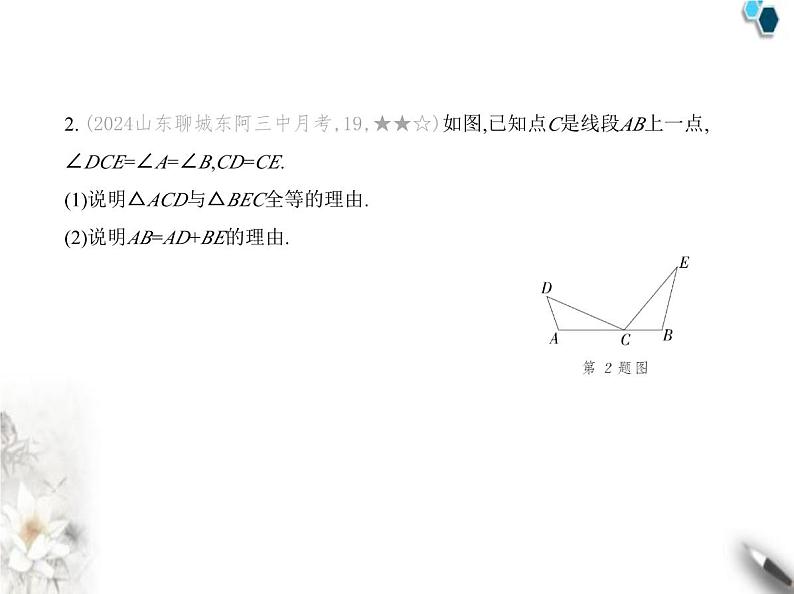 青岛版初中八年级数学上册专项素养巩固训练卷(二)证明三角形全等的五大基本模型课件第4页