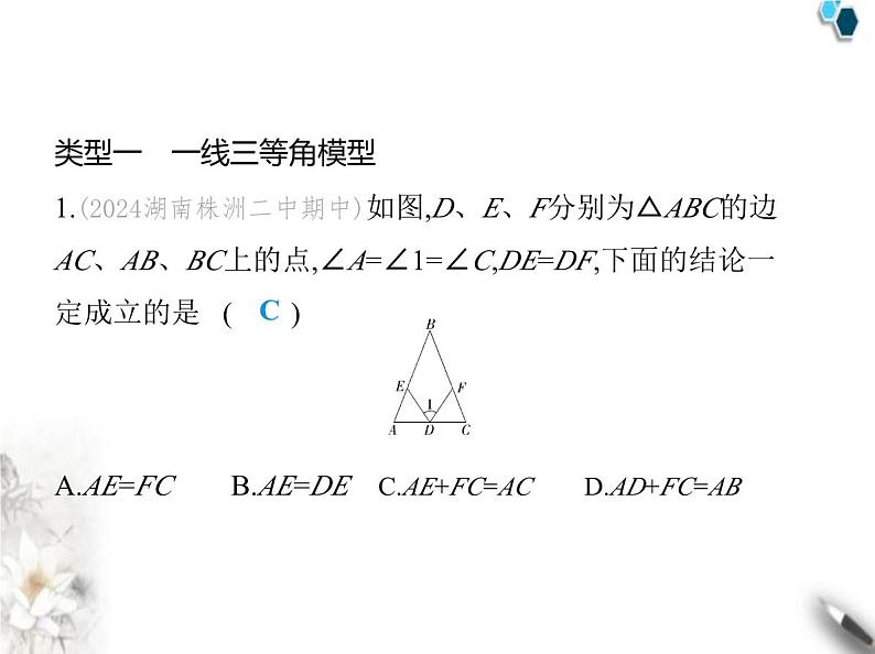 青岛版初中八年级数学上册专项素养综合练(一)与全等三角形相关的四大模型课件02