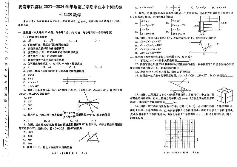 甘肃省陇南市武都区2023-2024学年七年级下学期期末数学试题第1页