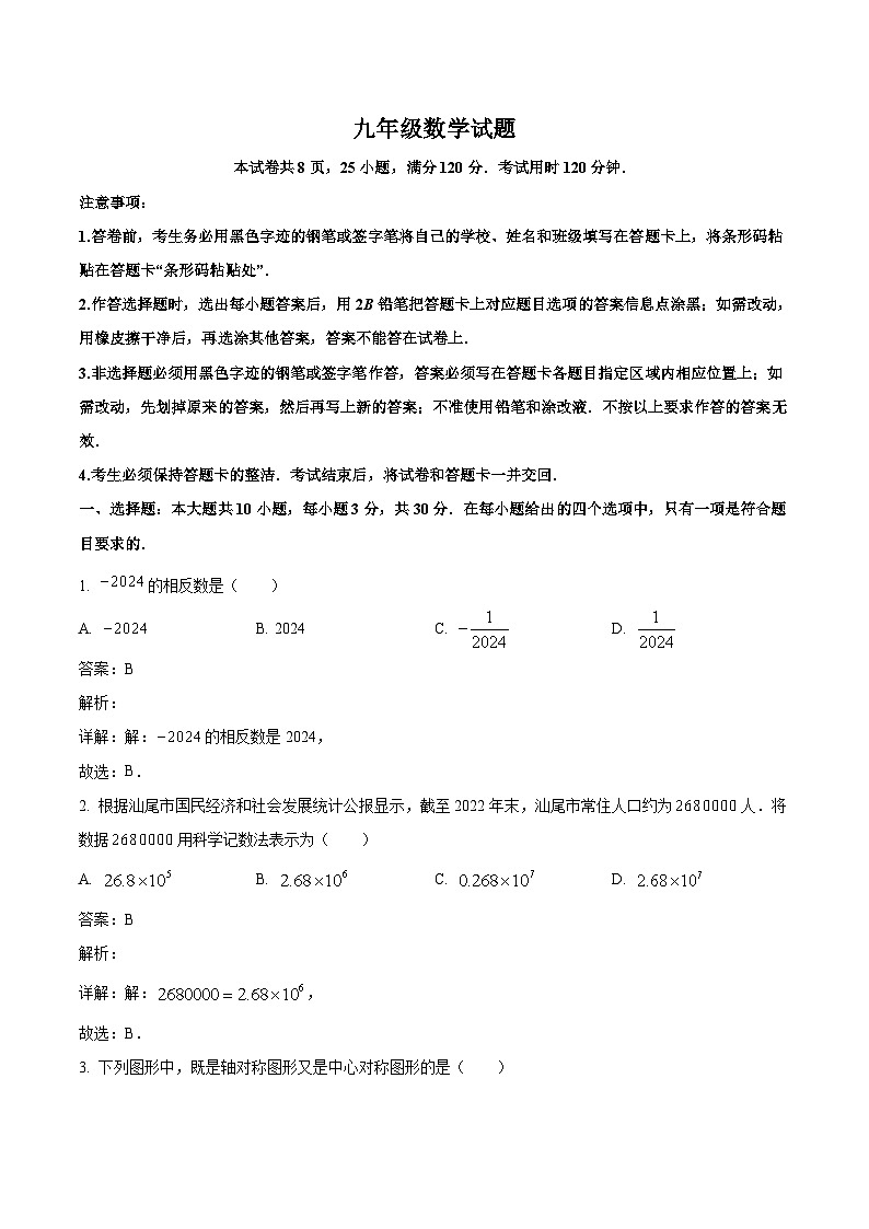 广东省汕尾市2024届九年级下学期中考二模数学试卷(含解析)第1页