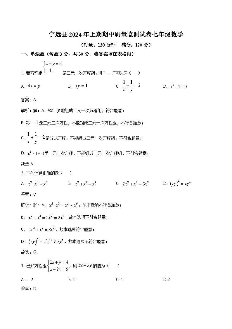 湖南省永州市宁远县2023-2024学年七年级下学期期中考试数学试卷(含解析)第1页