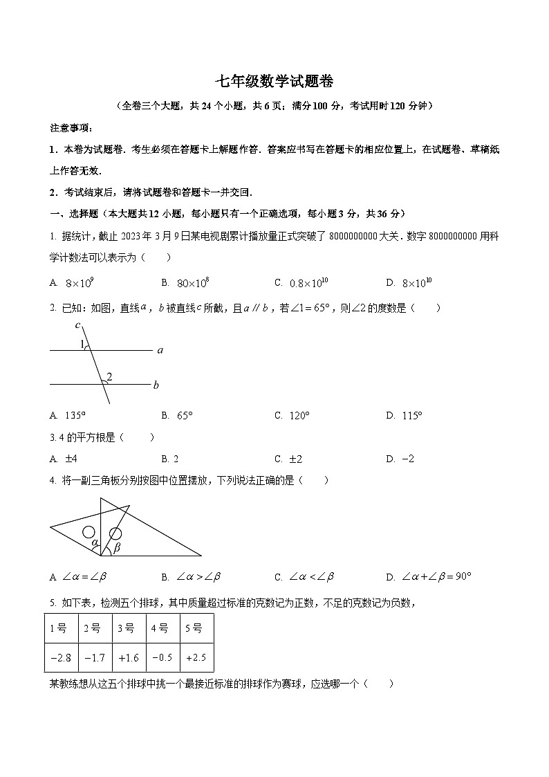 云南省昭通市正道中学2022-2023学年七年级下学期期末考试数学试卷(含答案)01