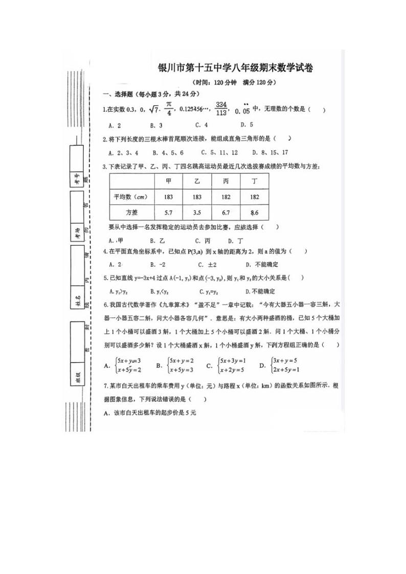 [数学][期末]宁夏银川市第十五中学2023～2024学年八年级上学期期末数学试卷(无答案)01