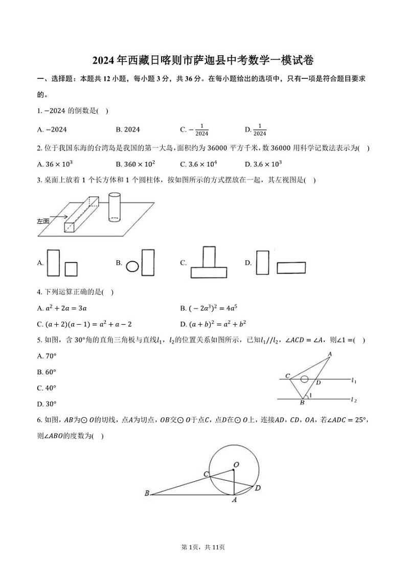 [数学][一模]2024年西藏日喀则市萨迦县中考数学一模试卷(有答案)01