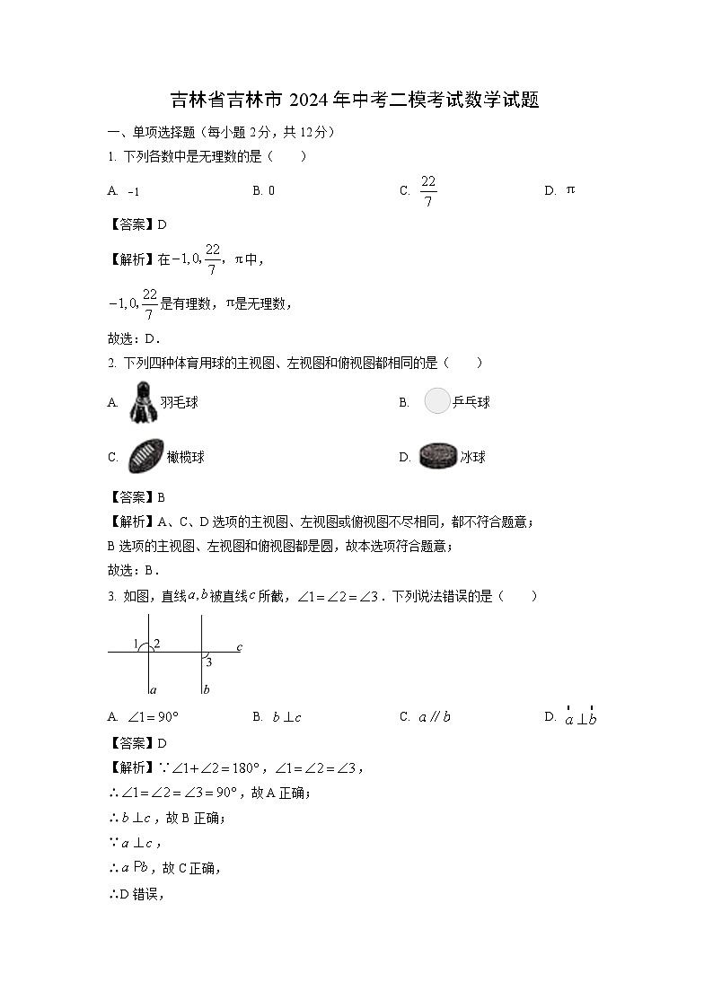 [数学][二模]吉林省吉林市2024年中考二模考试试题(解析版)01