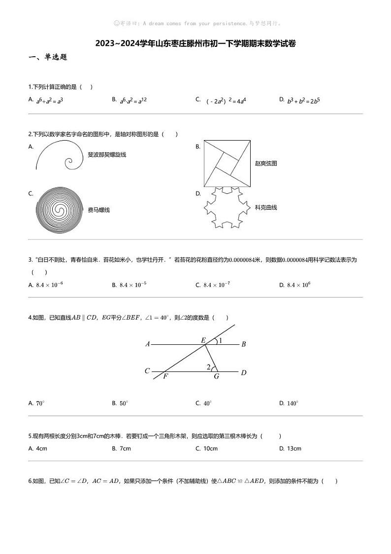 [数学][期末]2023_2024学年山东枣庄滕州市初一下学期期末数学试卷第1页