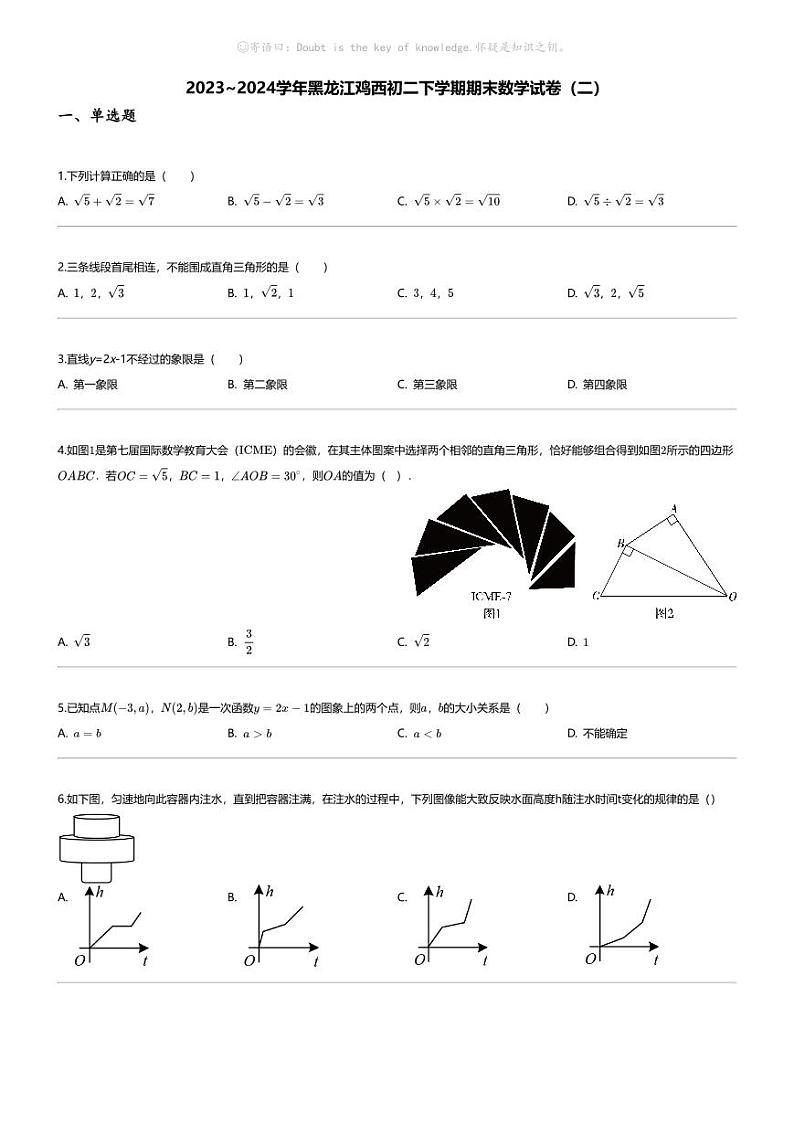 [数学][期末]2023_2024学年黑龙江鸡西初二下学期期末数学试卷(二)第1页