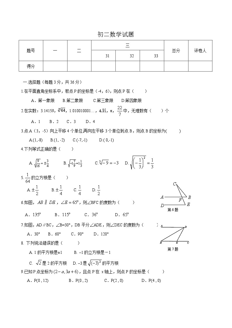 黑龙江省绥化市望奎县（五四学制）2023-2024学年七年级下学期5月期中考试数学试卷(含答案)01