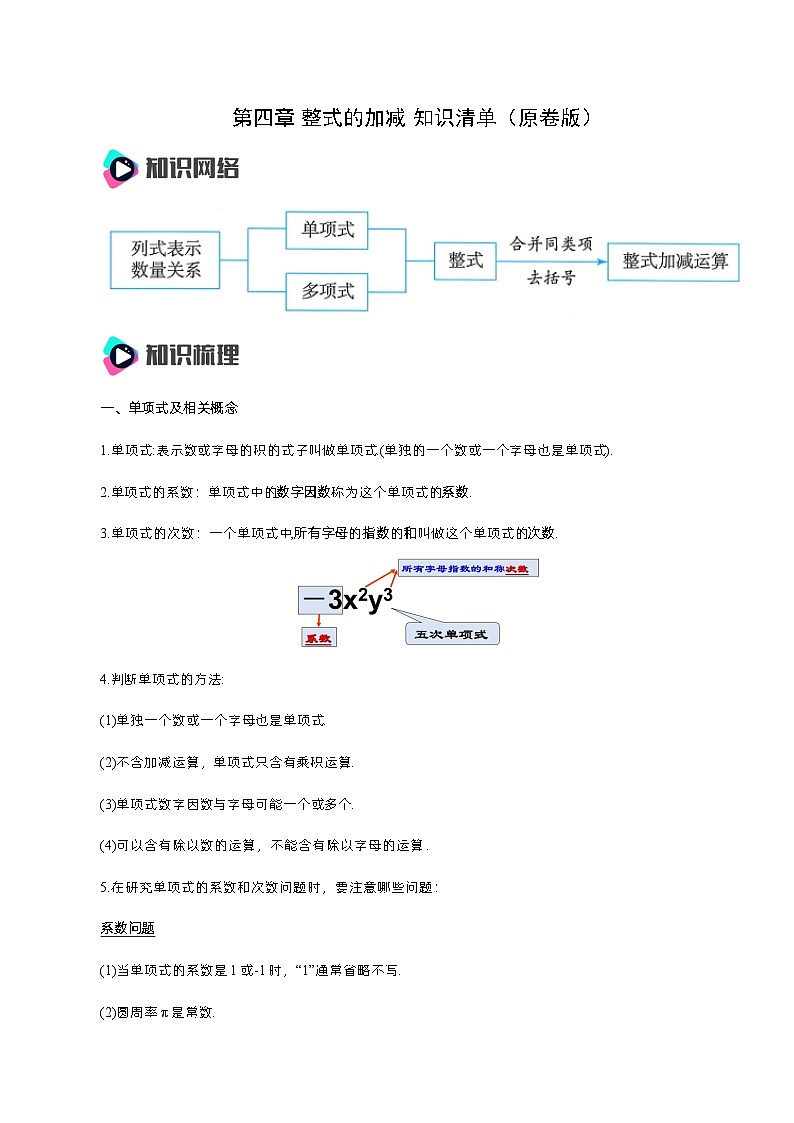 人教版七年级数学上册  第4章 整式的加减 知识清单01