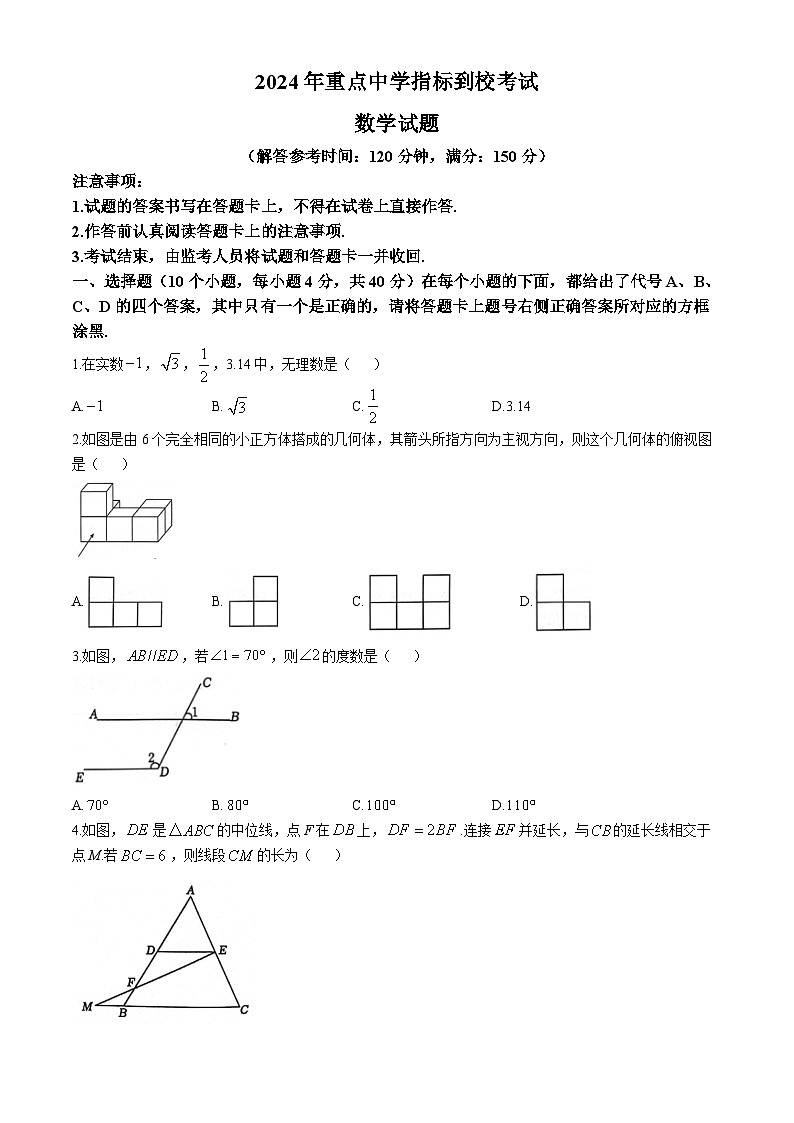 2024年重庆市长寿区指标到校中考模拟考试数学试题01