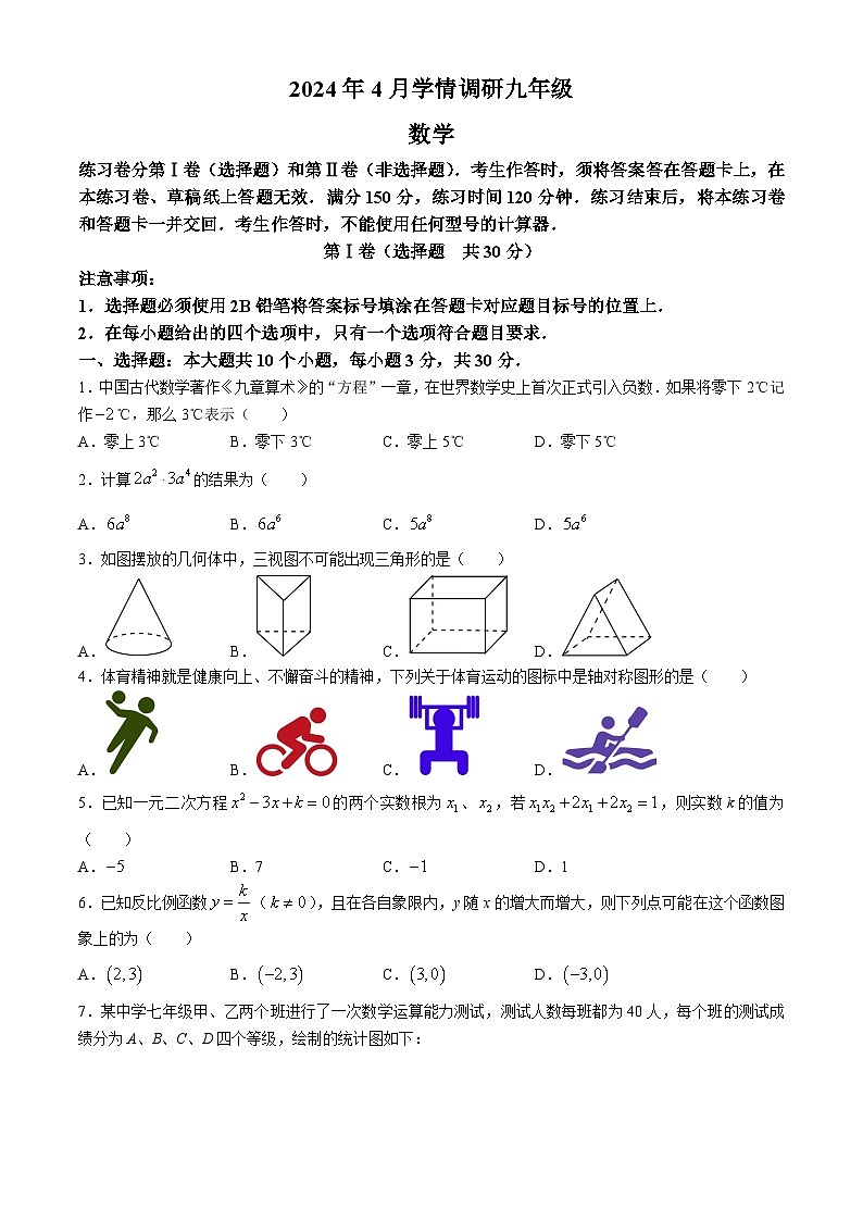 2024年四川省乐山市犍为县九年级调研考试数学试题第1页