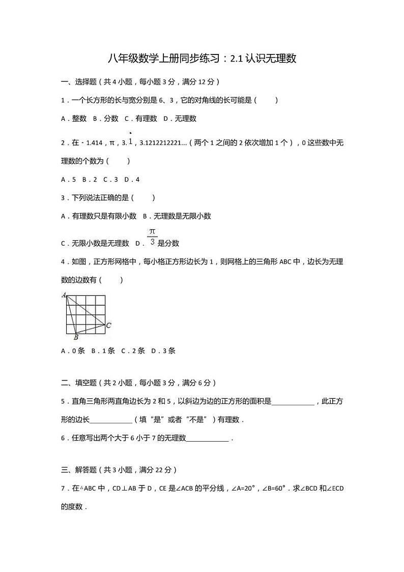 北师大版初中数学八年级数学上册2.1认识无理数同步练习含答案解析第1页