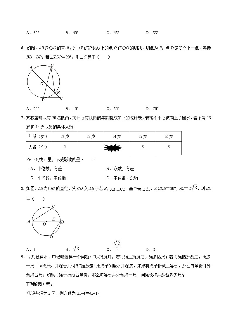 山东省泰安市岱岳区2024届九年级下学期中考二模数学试卷(含答案)02
