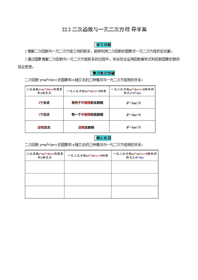 22.2 二次函数与一元二次方程课件+教学设计+导学案+分层练习01