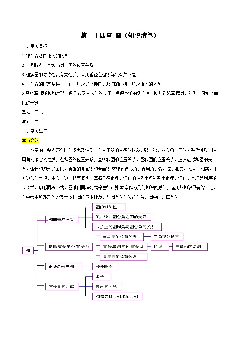 第二十四章 圆（知识清单）原卷版+解析版01