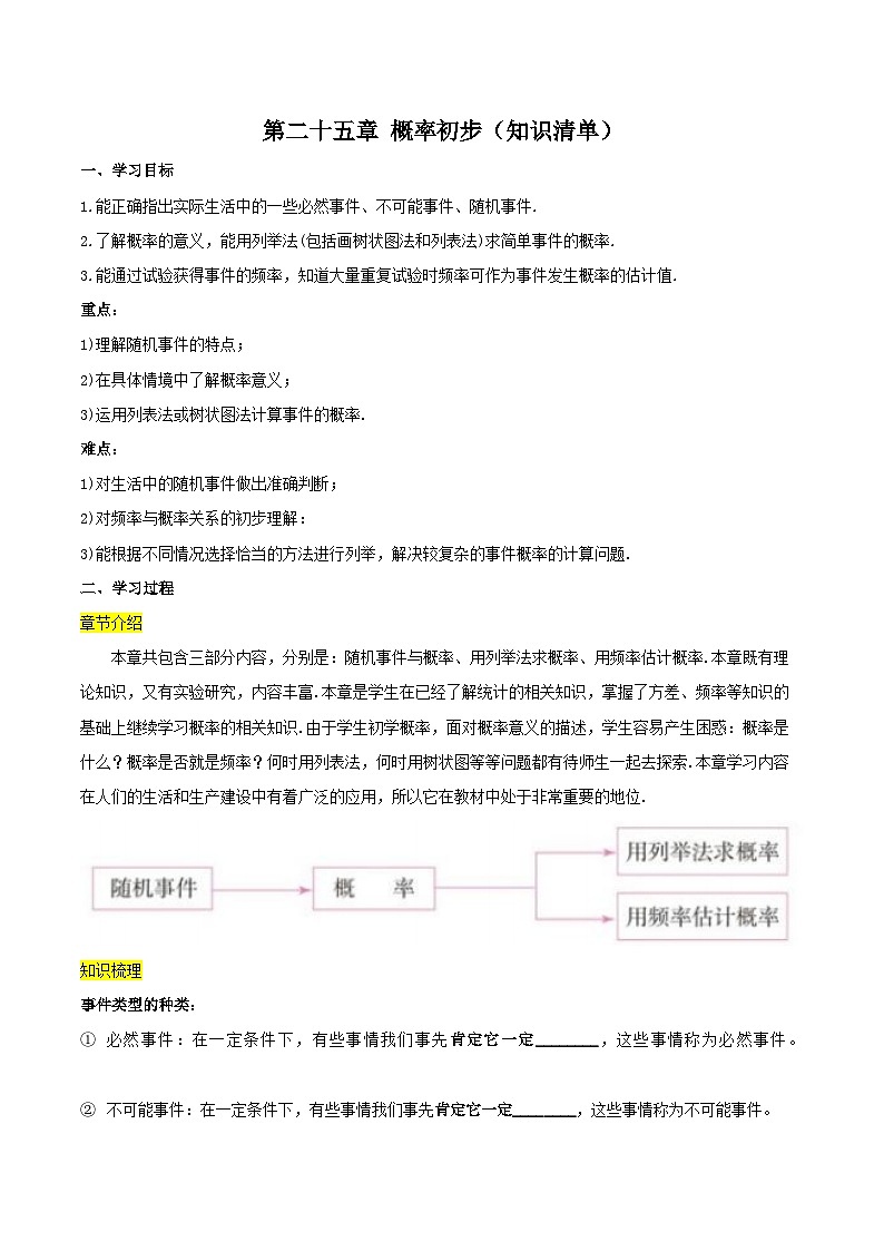 第二十五章 概率初步（知识清单）原卷版+解析版01
