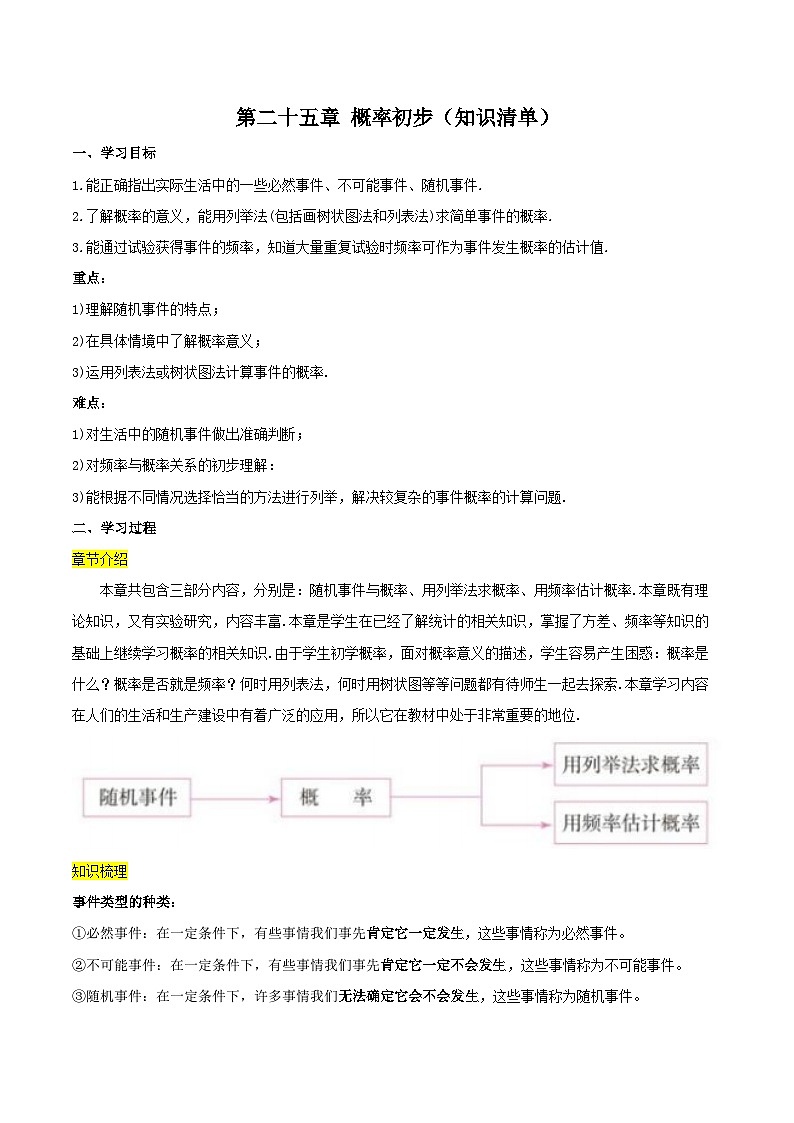 第二十五章 概率初步（知识清单）原卷版+解析版01