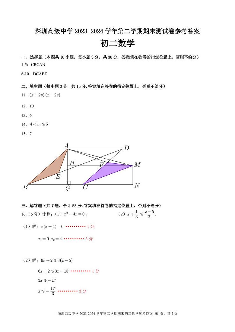 广东深圳高级中学2023-2024学年八年级下学期期末考试数学试题+答案01