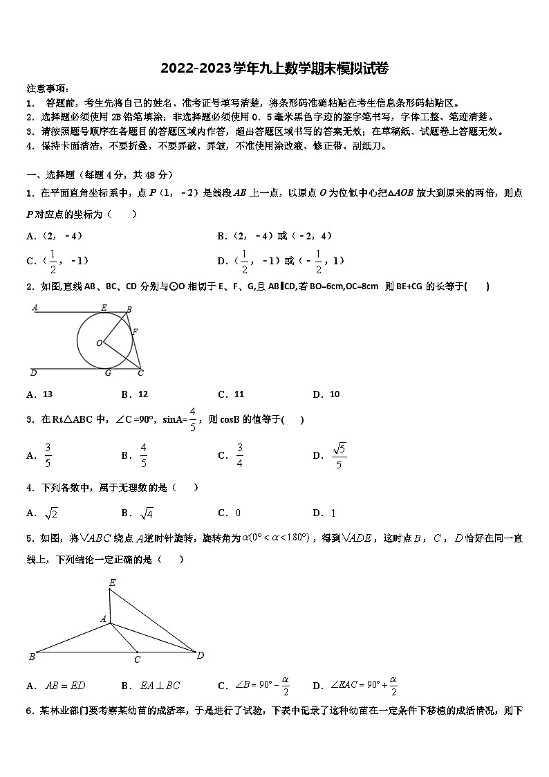 浙江省台州市白云中学2022年数学九上期末统考试题含解析01