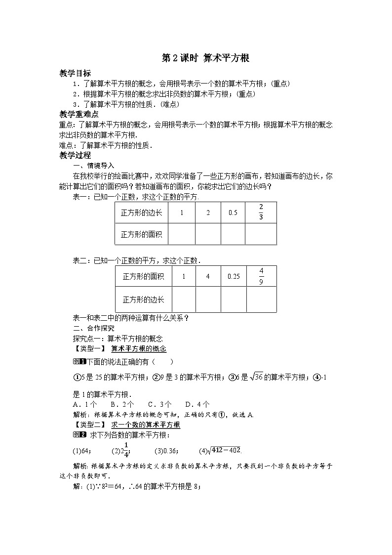 11.1.1 第2课时 算术平方根 华东师大版数学八年级上册教案01