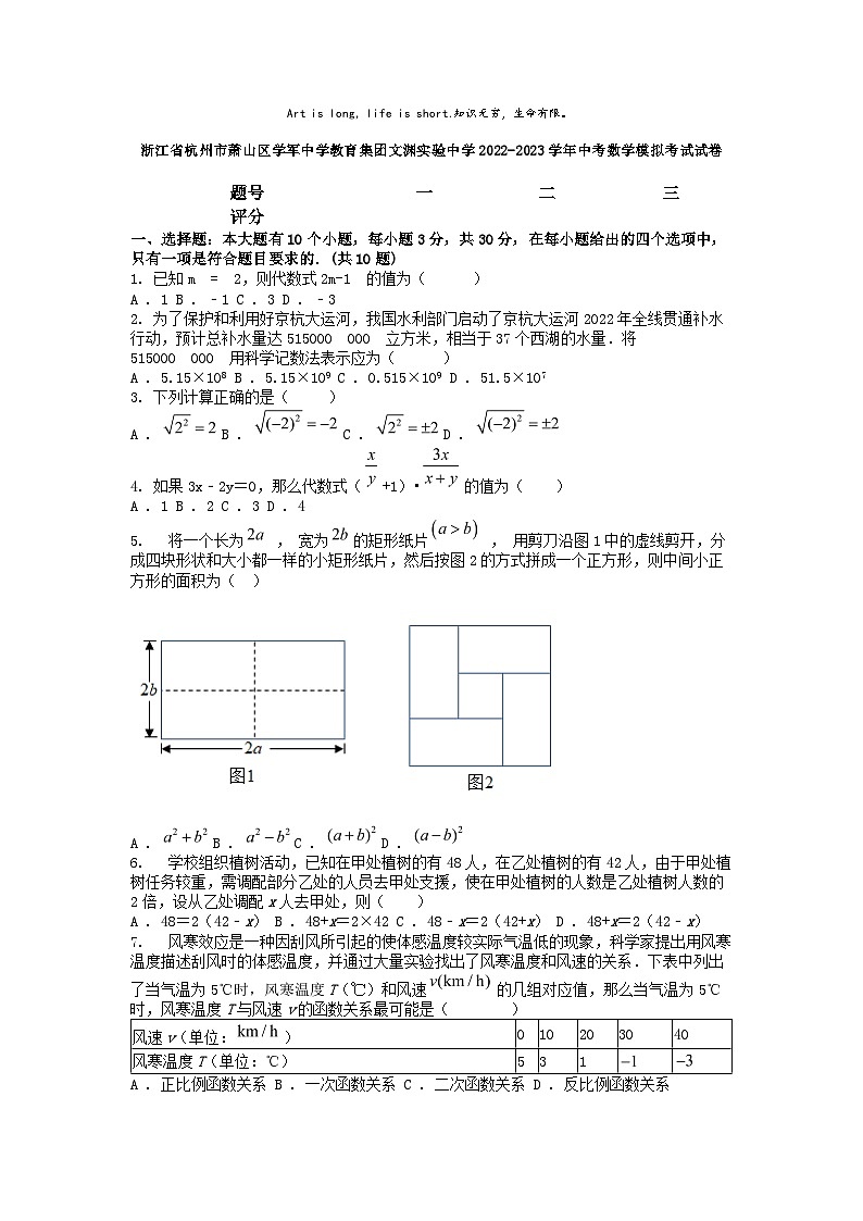 [数学]浙江省杭州市萧山区学军中学教育集团文渊实验中学2022-2023学年中考数学模拟考试试卷第1页