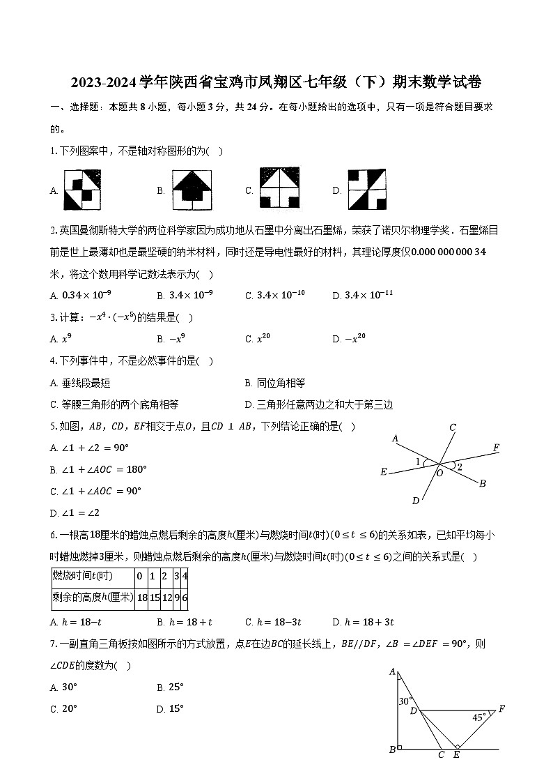 2023-2024学年陕西省宝鸡市凤翔区七年级（下）期末数学试卷（含答案）第1页