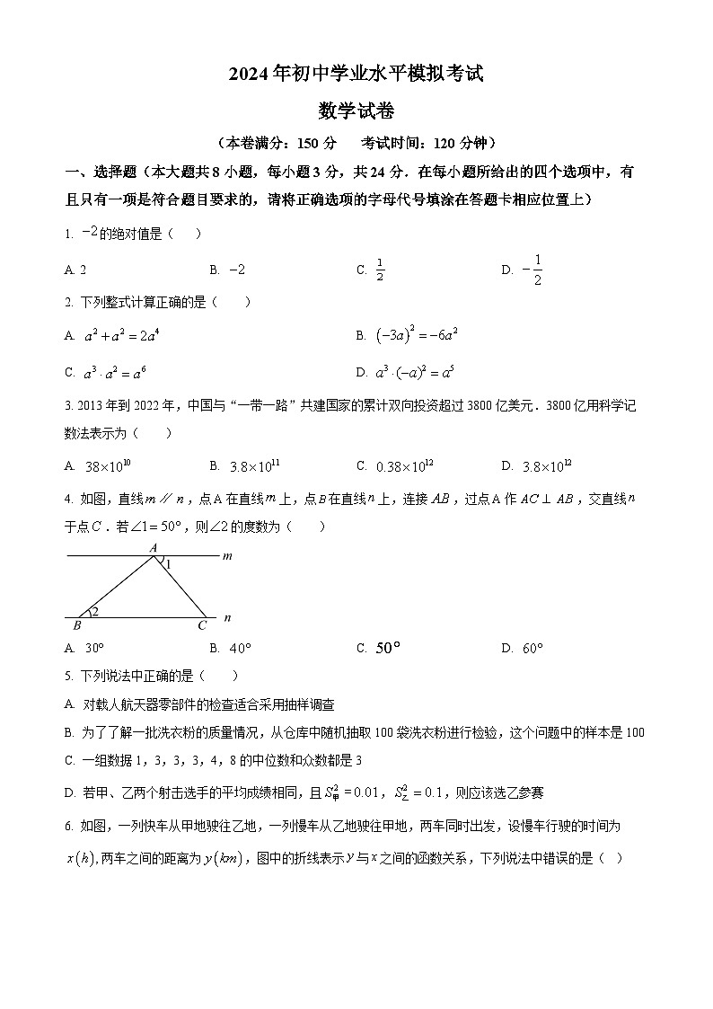 2024年江苏省宿迁市沭阳如东实验学校九年级数学中考二模试题（学生版）第1页