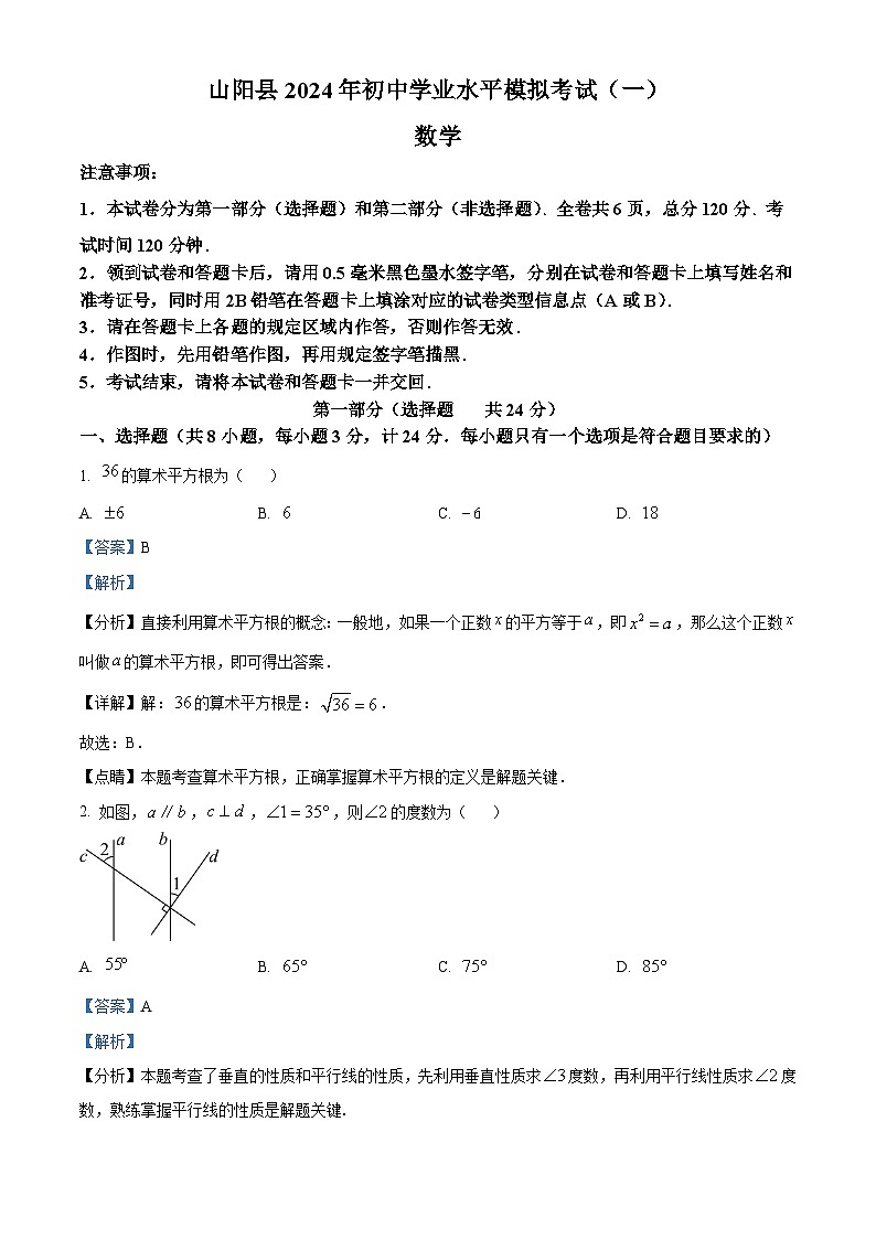 2024年陕西省商洛市山阳县中考一模数学试题（原卷版+解析版）01