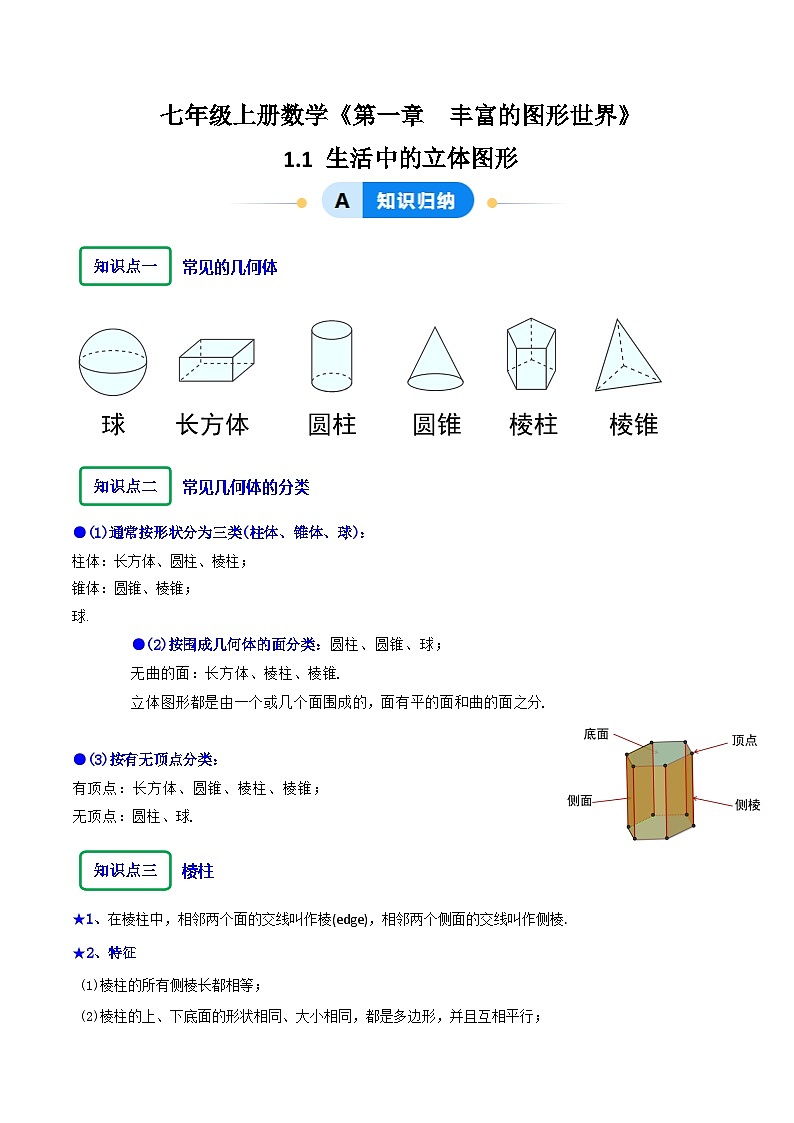 北师大版（2024）七年级上册数学1.1生活中的立体图形（同步练习含解析版）01