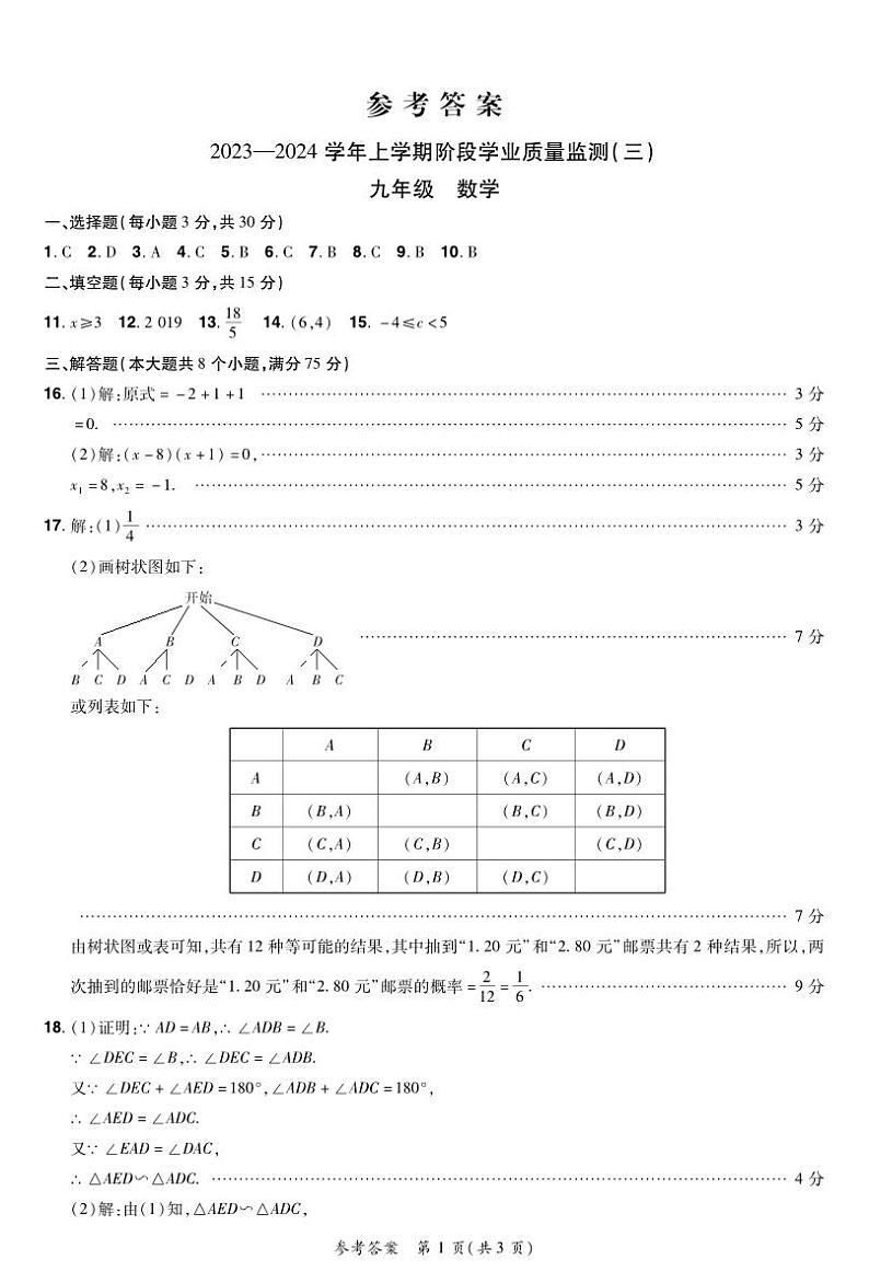 河南省洛阳市宜阳县2023-2024学年 九年级上学期数学12月月考试题 答案第1页