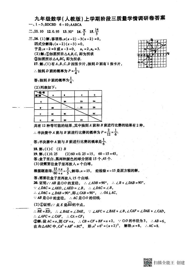 河南省驻马店市正阳县2023-2024学年九年级上学期12月月考数学试题 参考答案第1页