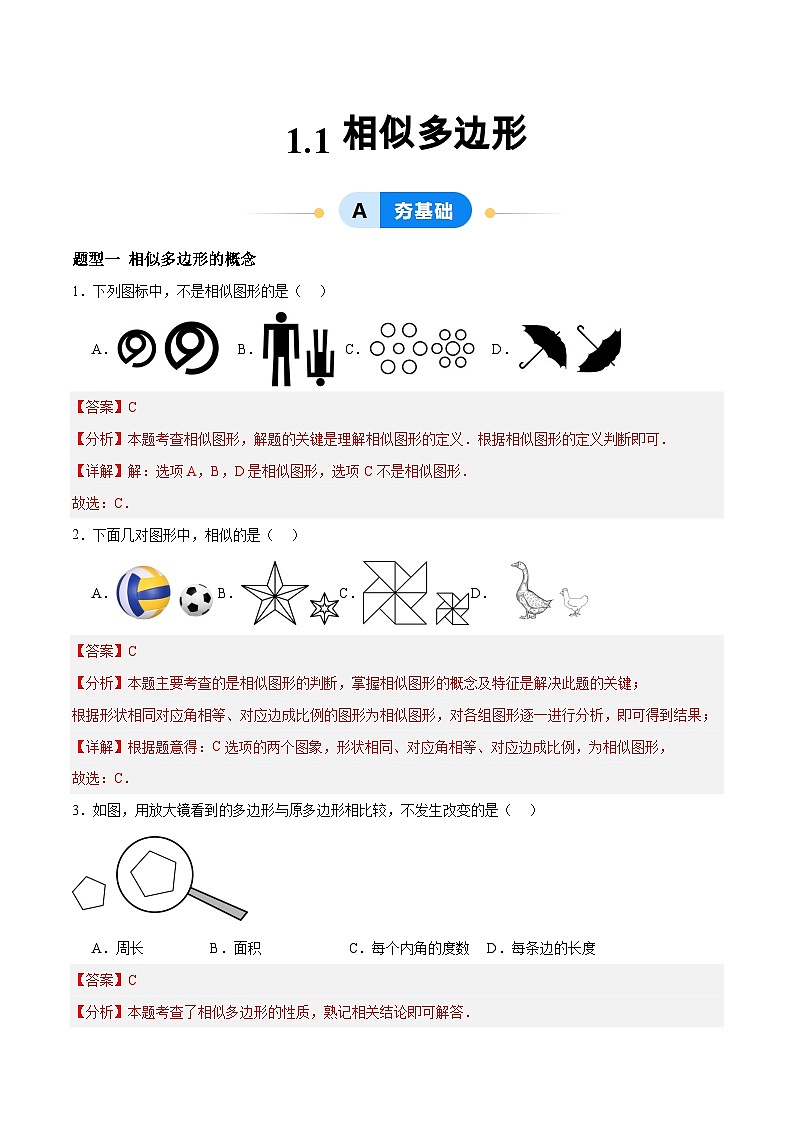 青岛版 初中数学 9上 1.1 相似多边形（分层作业）-2024-2025学年9上数学同步课堂（青岛版）01